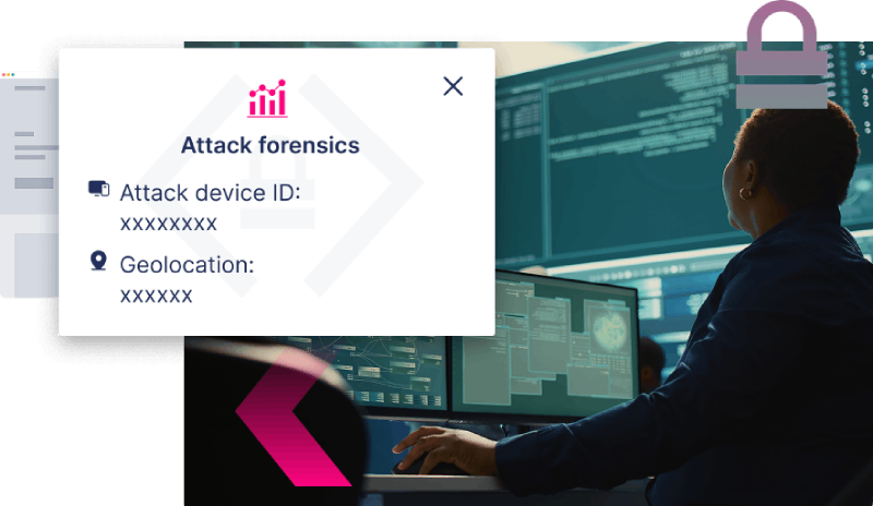 A person sits at a desk with multiple monitors displaying data, while an overlay shows attack forensics with device ID and geolocation information to help stop more ATOs.