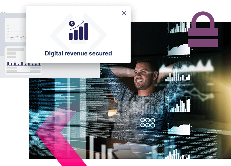 A man sits at a desk with code and graphs projected in front of him; a notification reads "Digital revenue secured" alongside a chart, dollar symbol, and Digital Impersonation protection alert.